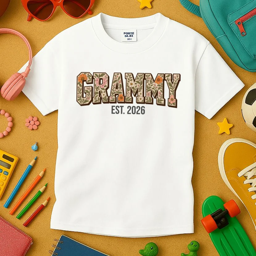 Floral Grandma Est. Year Personalized Gift - Custom Family Name Botanical Design Kids T-Shirt - Front 2