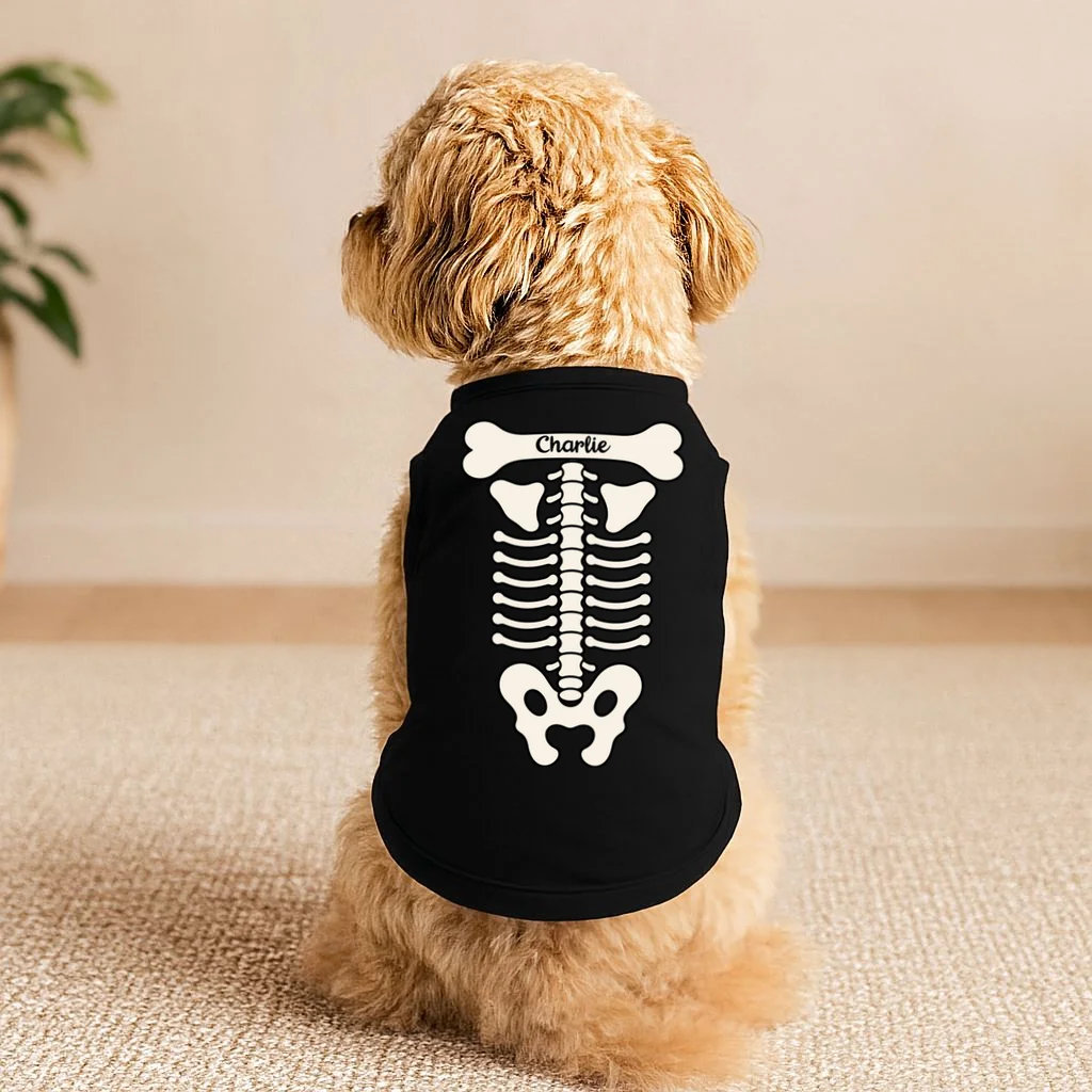 Funny Dog Skeleton Custom Name Doggie Tank Halloween Costume For Dogs - Front 1