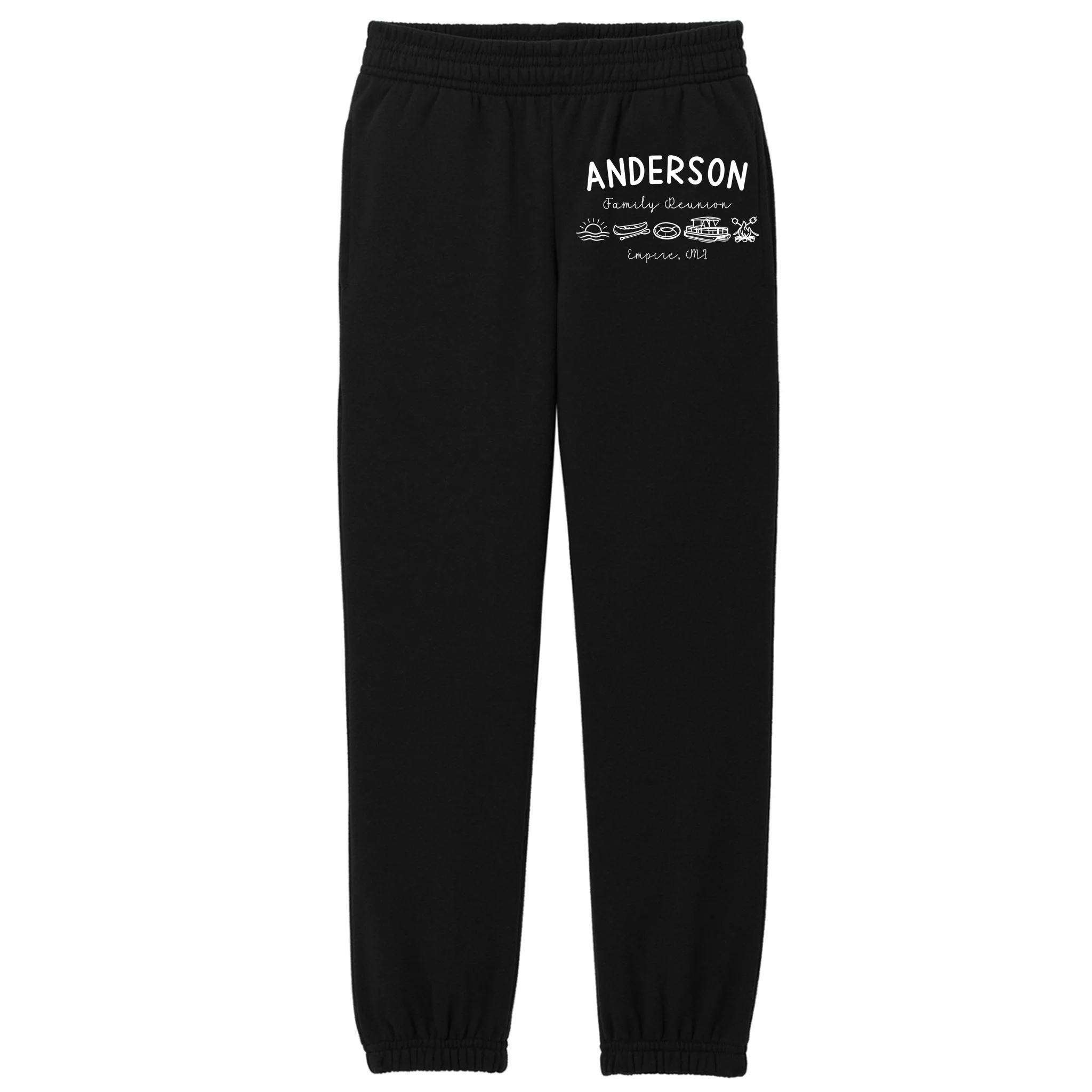 Family Reunion Personalized Camping Last Name and Location Kids Fleece Sweatpants - Front