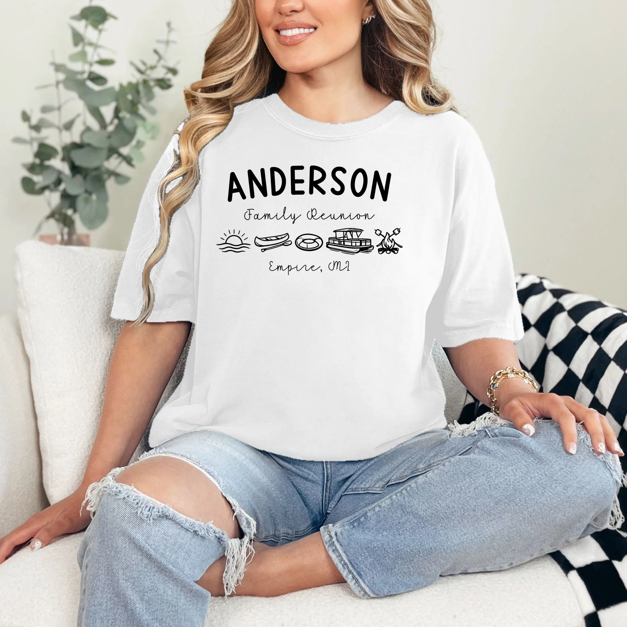 Family Reunion Personalized Camping Last Name and Location T-Shirt - Front 1
