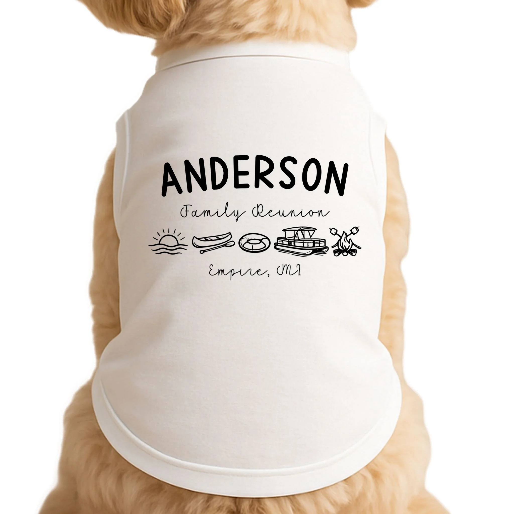 Family Reunion Personalized Camping Last Name and Location Doggie Tank - Front