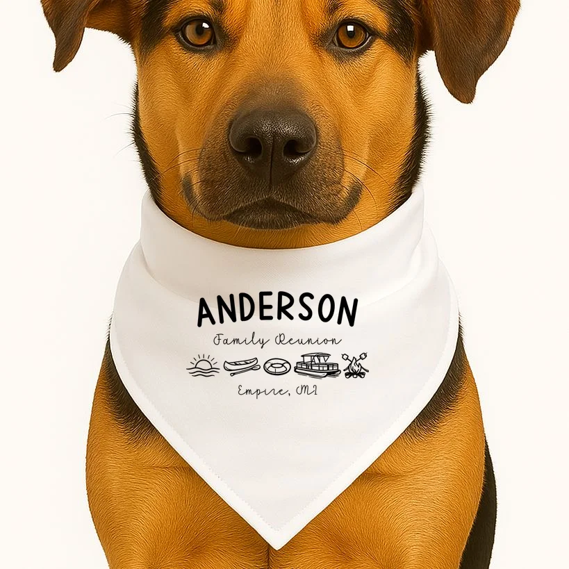 Family Reunion Personalized Camping Last Name and Location Dog Bandana - Front 1