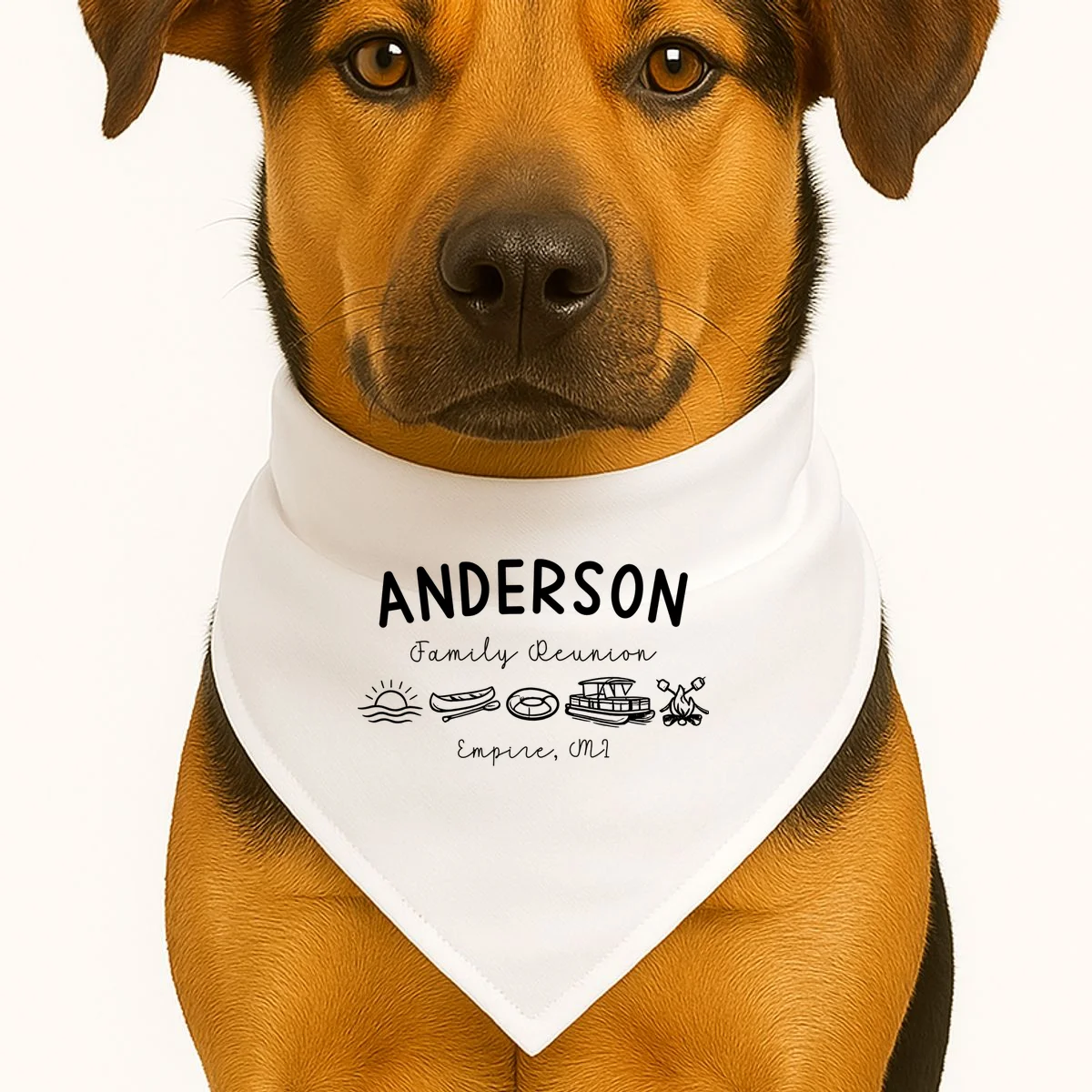 Family Reunion Personalized Camping Last Name and Location Dog Bandana - Front 1