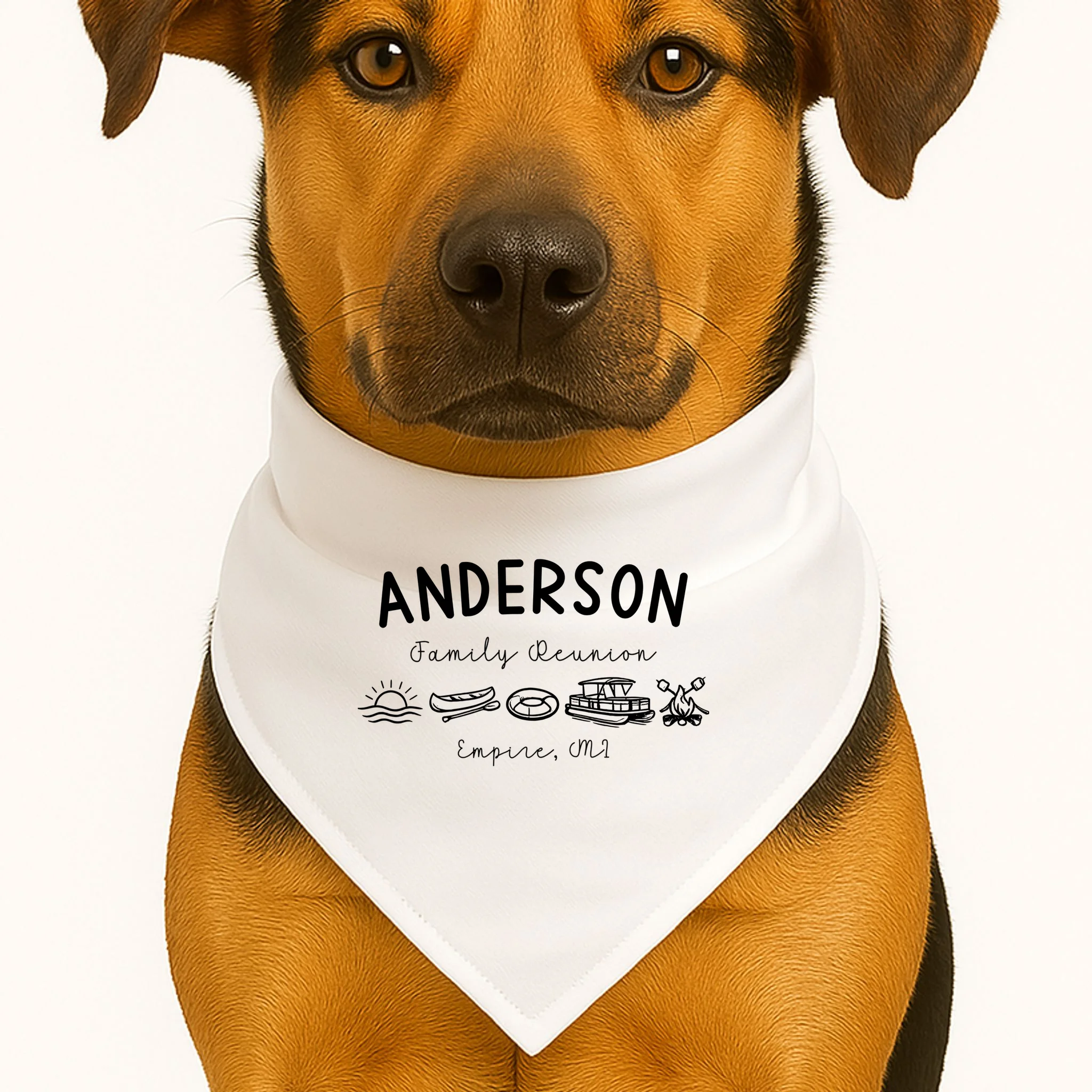 Family Reunion Personalized Camping Last Name and Location Dog Bandana - Front 1