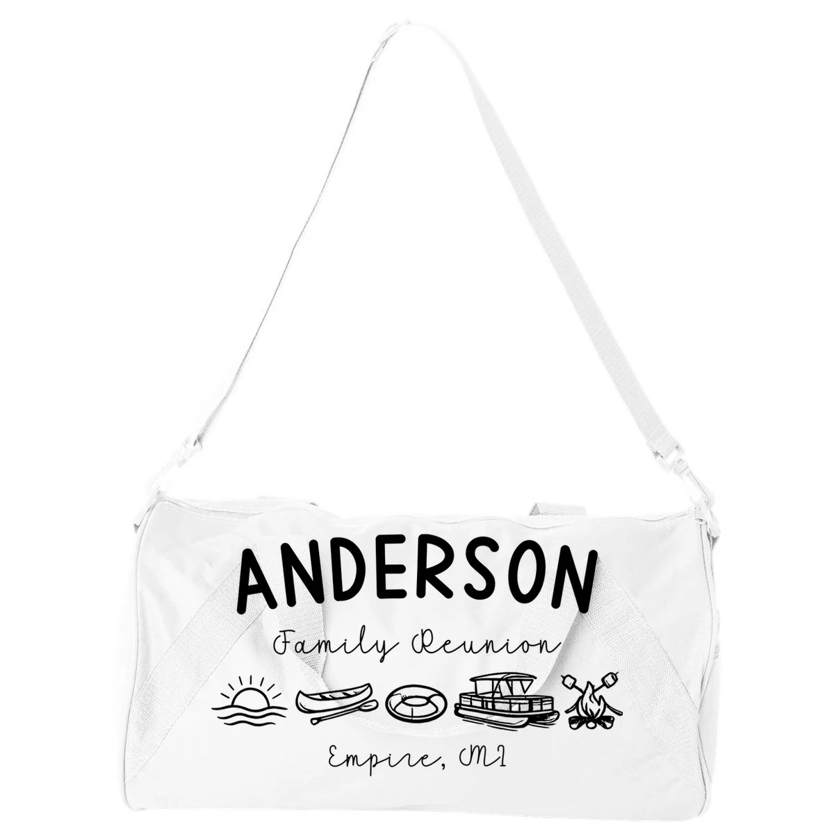 Family Reunion Personalized Camping Last Name and Location Duffel Bag - Front