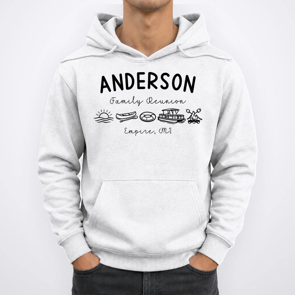 Family Reunion Personalized Camping Last Name and Location Hoodie - Front 1