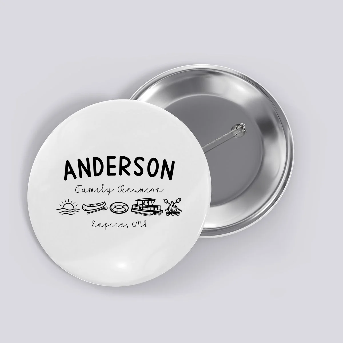 Family Reunion Personalized Camping Last Name and Location Button - Front