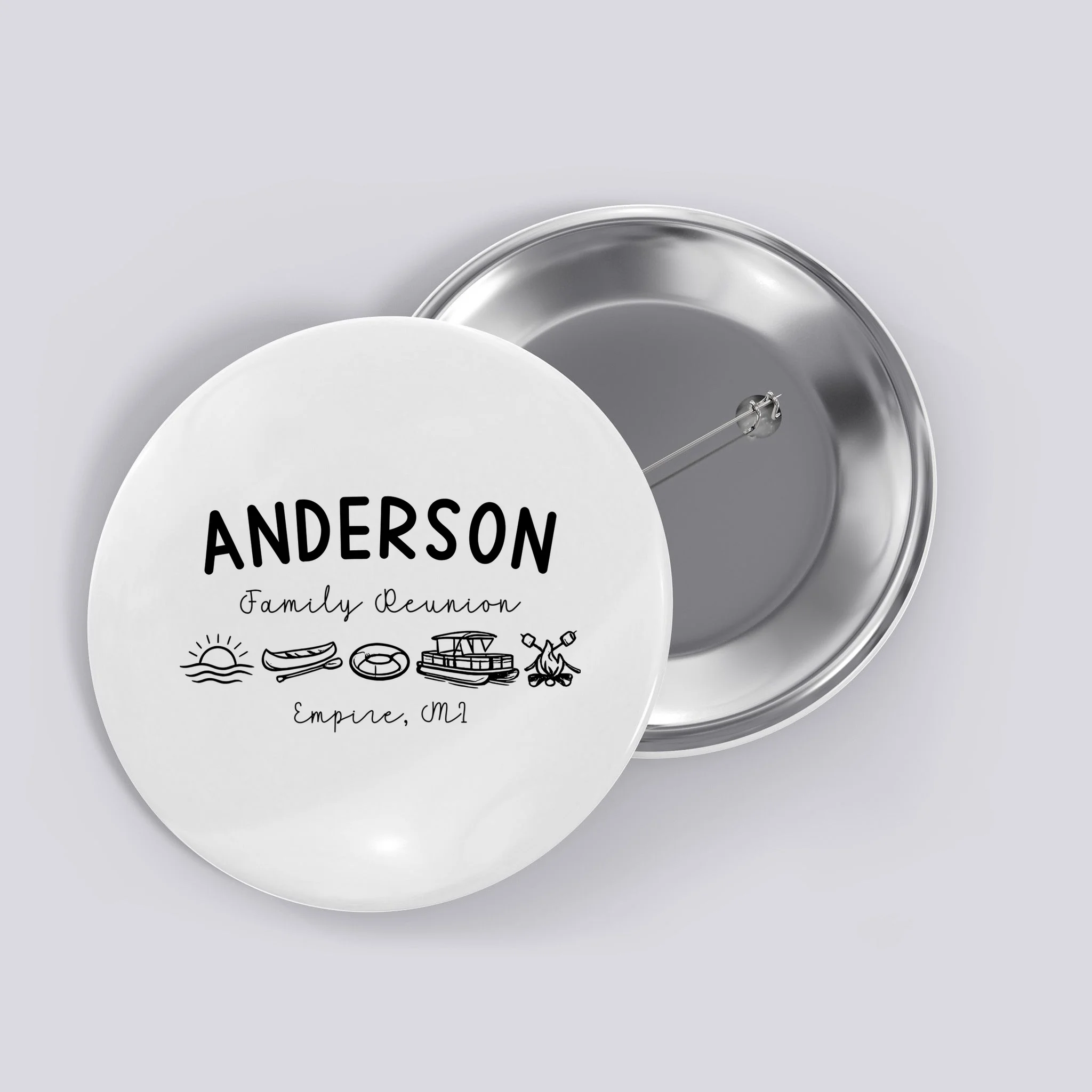 Family Reunion Personalized Camping Last Name and Location Button - Front