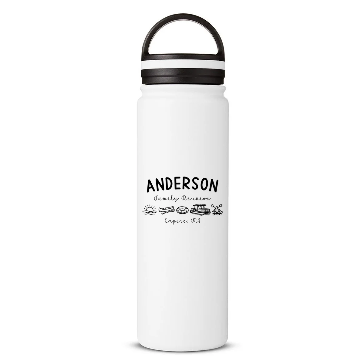 Family Reunion Personalized Camping Last Name and Location 24oz Water Bottle - Front