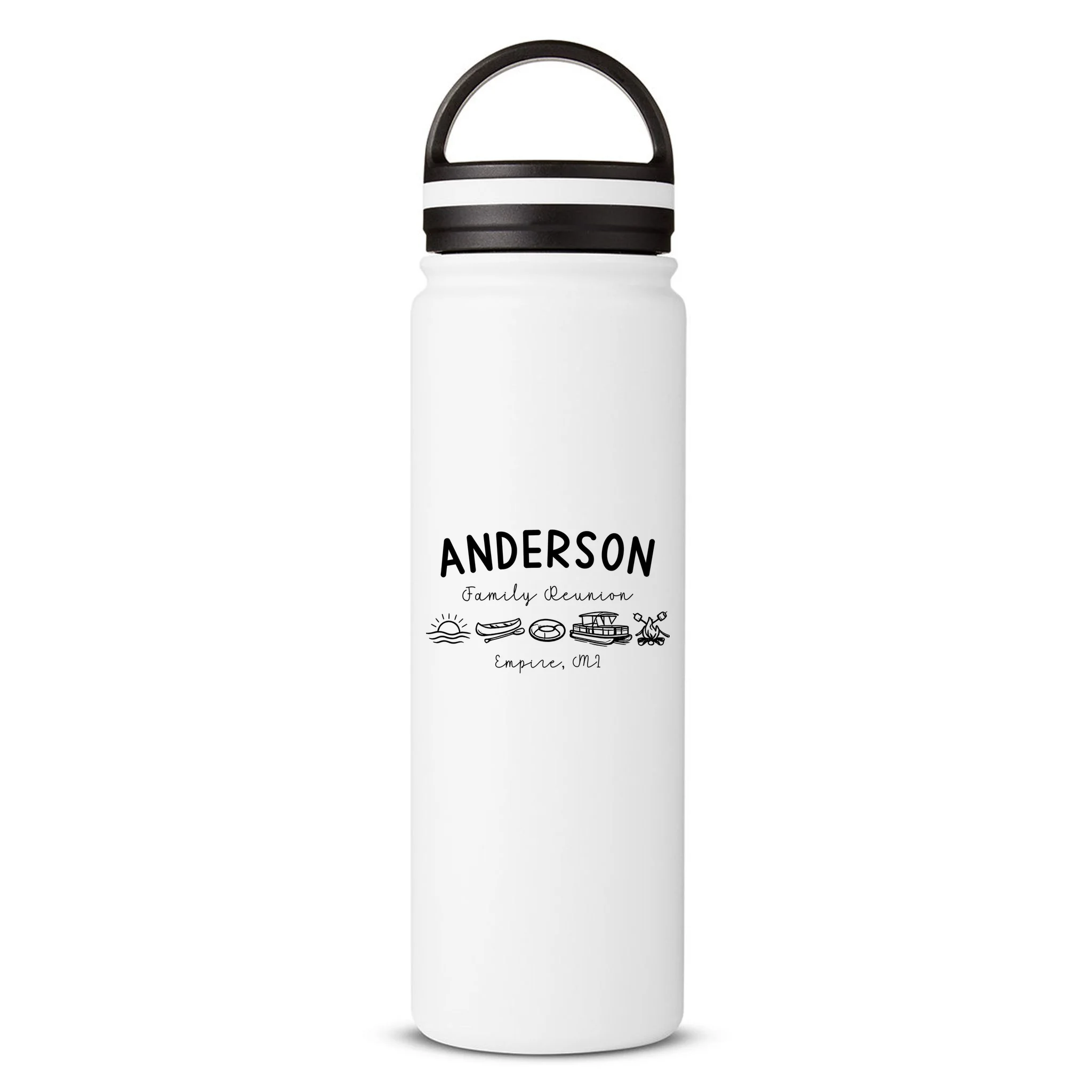 Family Reunion Personalized Camping Last Name and Location 24oz Water Bottle - Front