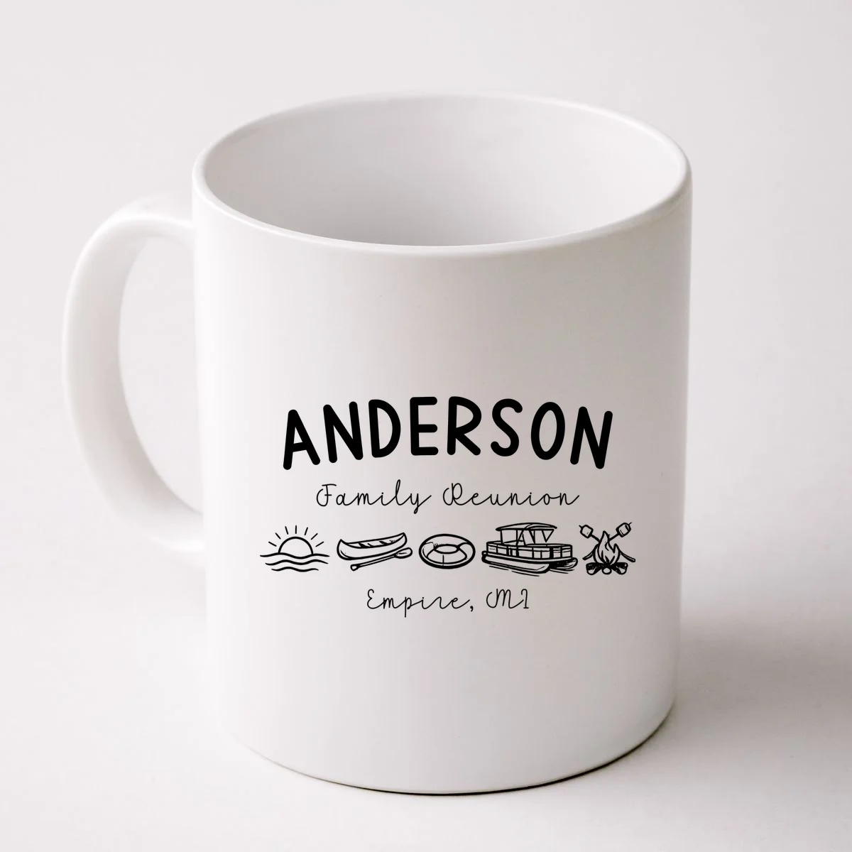 Family Reunion Personalized Camping Last Name and Location Coffee Mug - Front