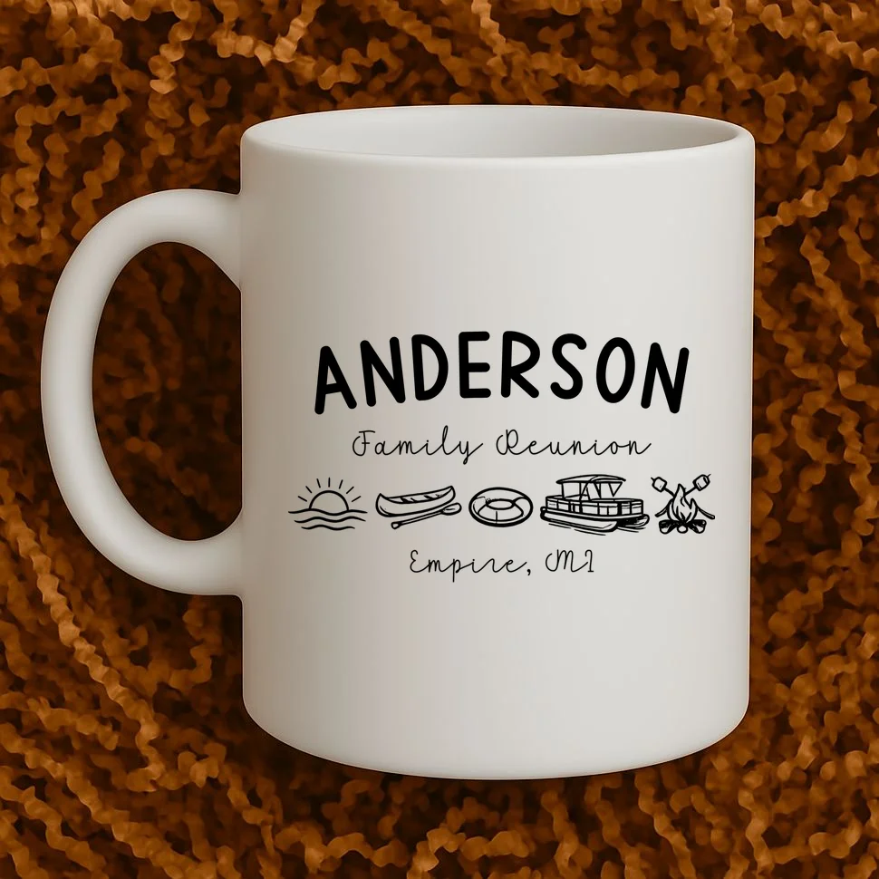 Family Reunion Personalized Camping Last Name and Location Coffee Mug - Front 1