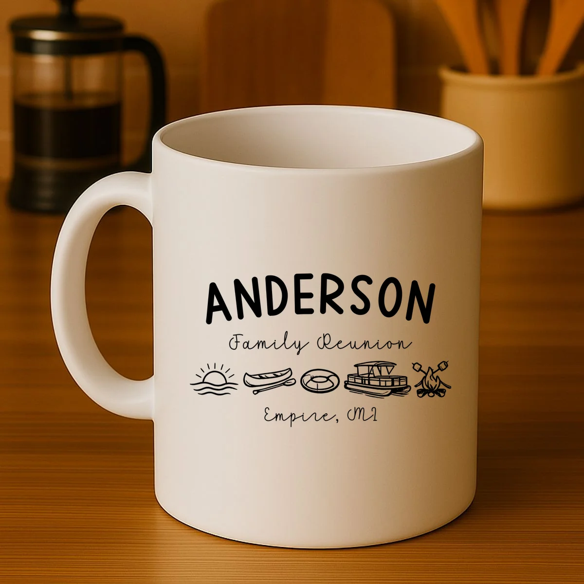 Family Reunion Personalized Camping Last Name and Location Coffee Mug - Front 3