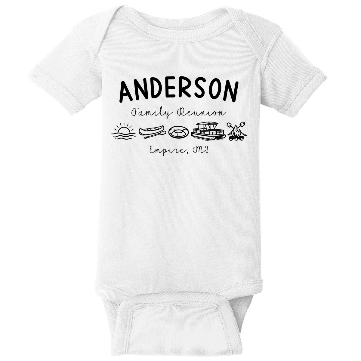Family Reunion Personalized Camping Last Name and Location Baby Bodysuit - Front