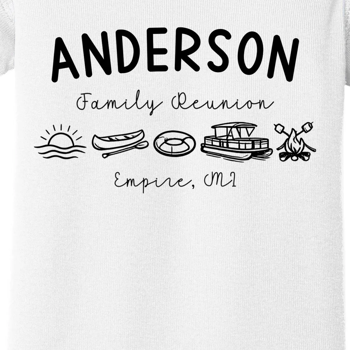 Family Reunion Personalized Camping Last Name and Location Baby Bodysuit - Front - Close-up