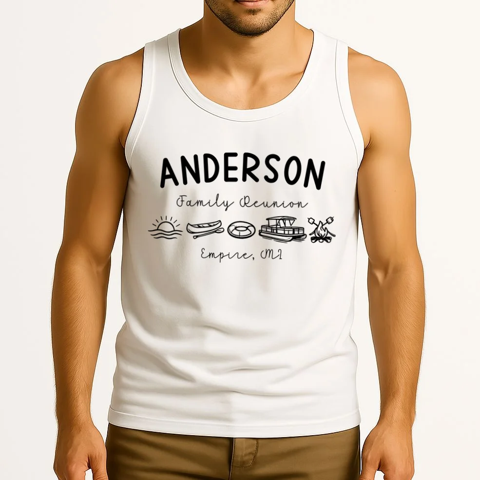 Family Reunion Personalized Camping Last Name and Location Tank Top - Front 2
