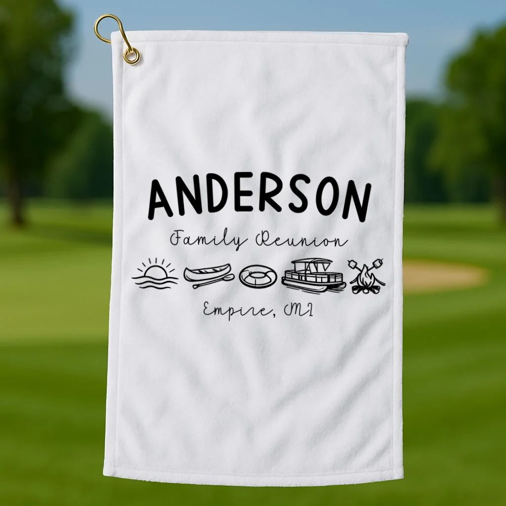 Family Reunion Personalized Camping Last Name and Location Golf Towel - Front 1