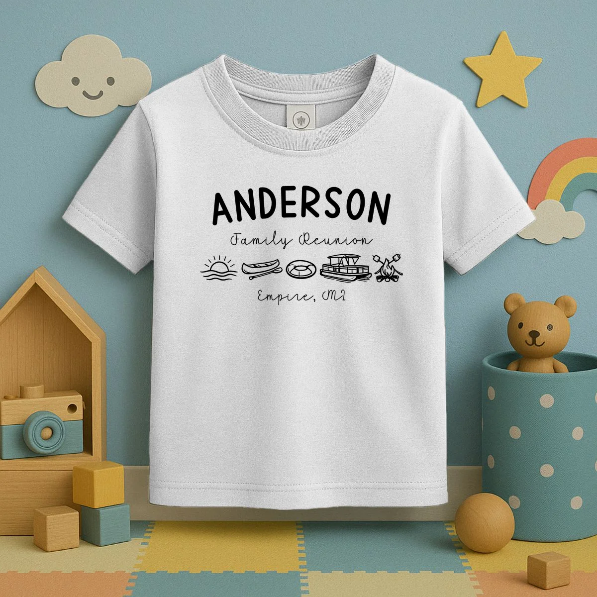 Family Reunion Personalized Camping Last Name and Location Toddler T-Shirt - Front 2