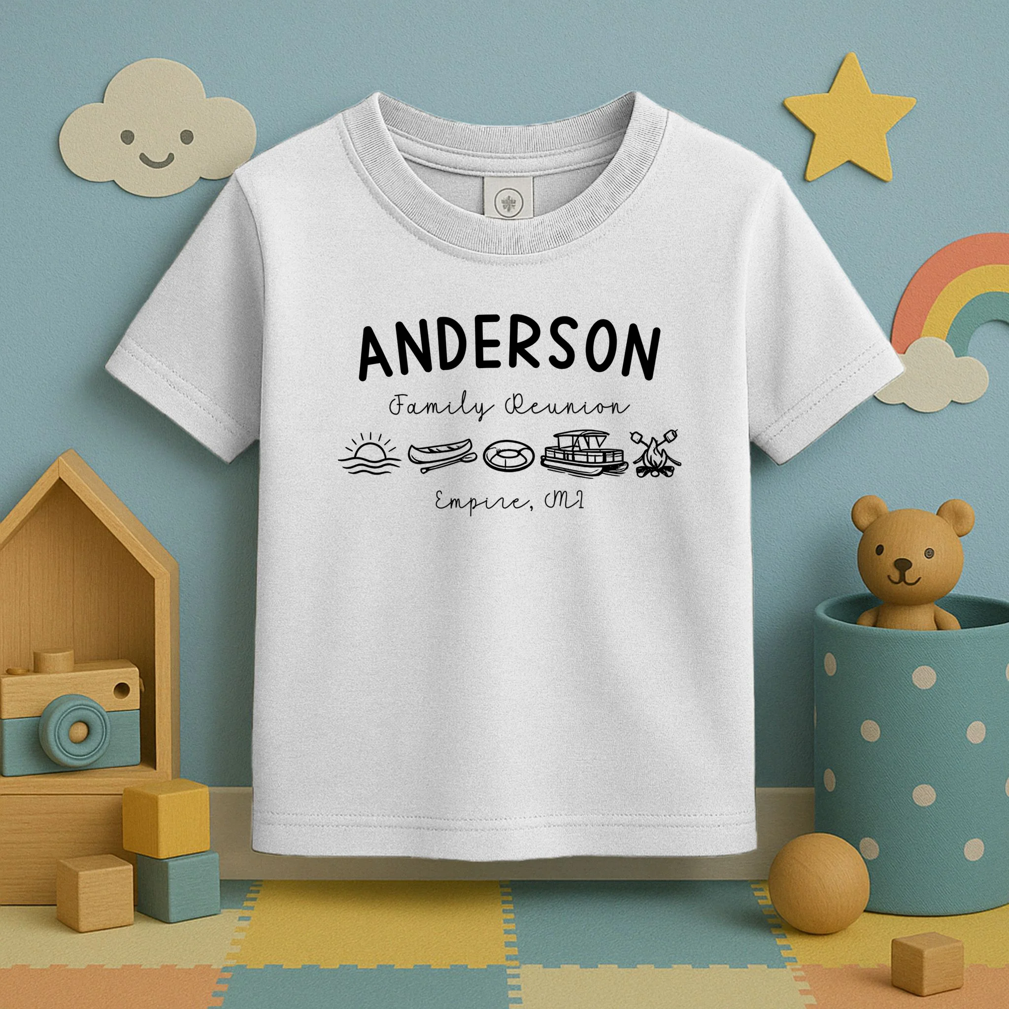 Family Reunion Personalized Camping Last Name and Location Toddler T-Shirt - Front 2