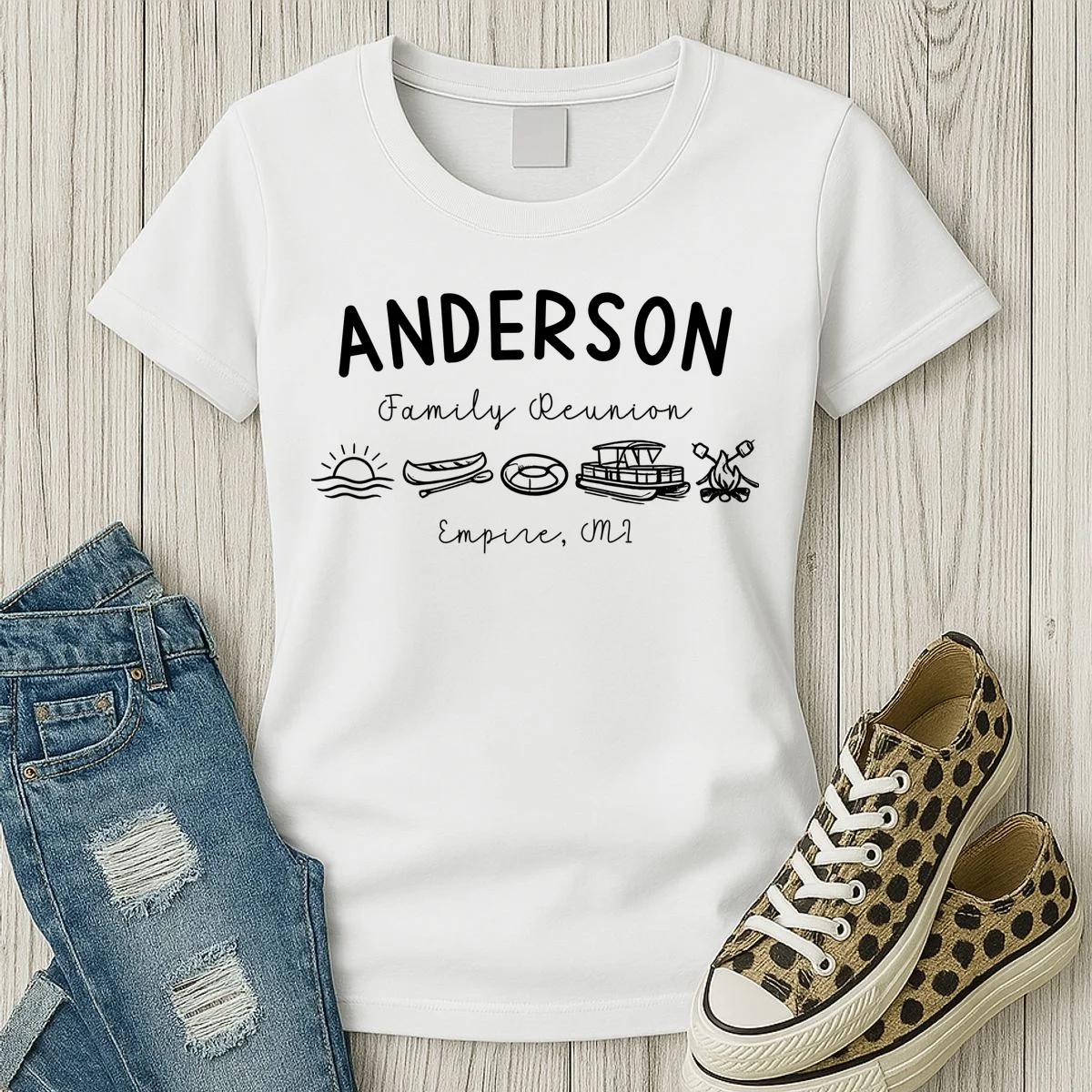 Family Reunion Personalized Camping Last Name and Location Women's T-Shirt - Front 2