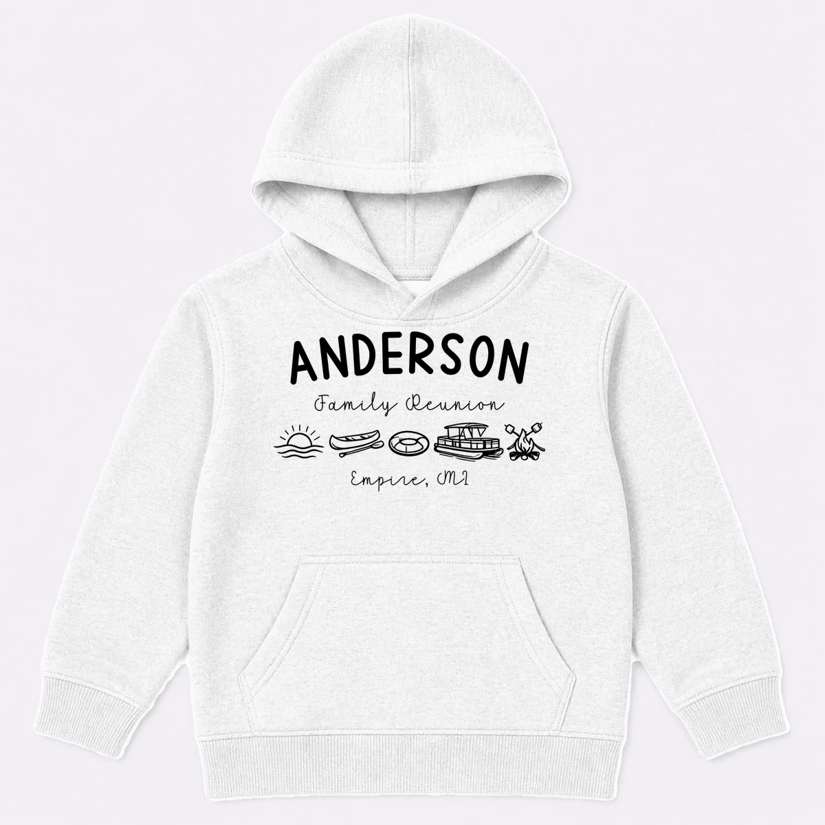 Family Reunion Personalized Camping Last Name and Location Kids Hoodie - Front
