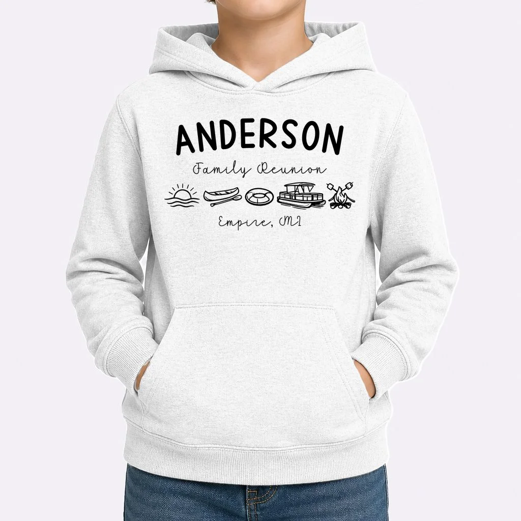 Family Reunion Personalized Camping Last Name and Location Kids Hoodie - Front 1