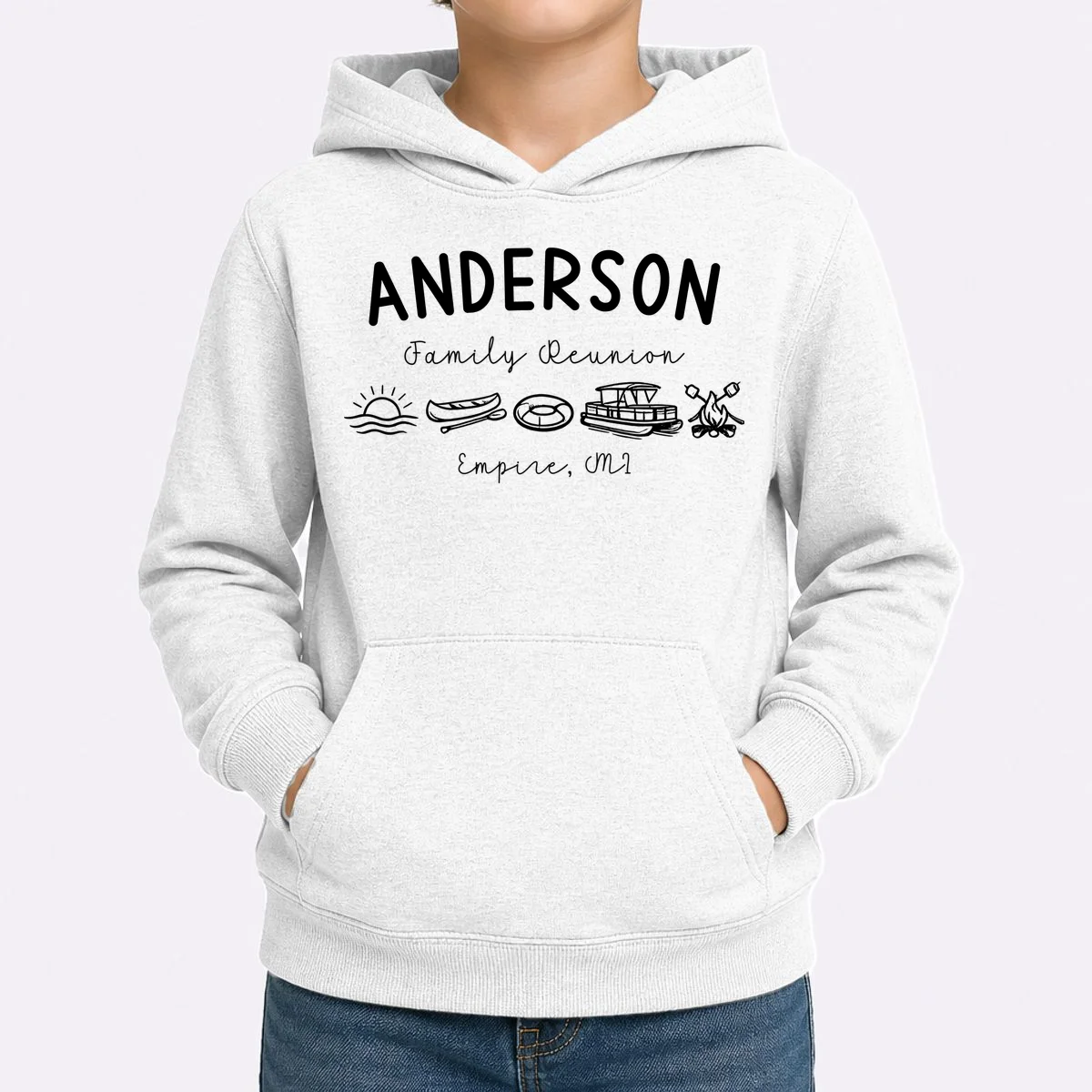 Family Reunion Personalized Camping Last Name and Location Kids Hoodie - Front 1