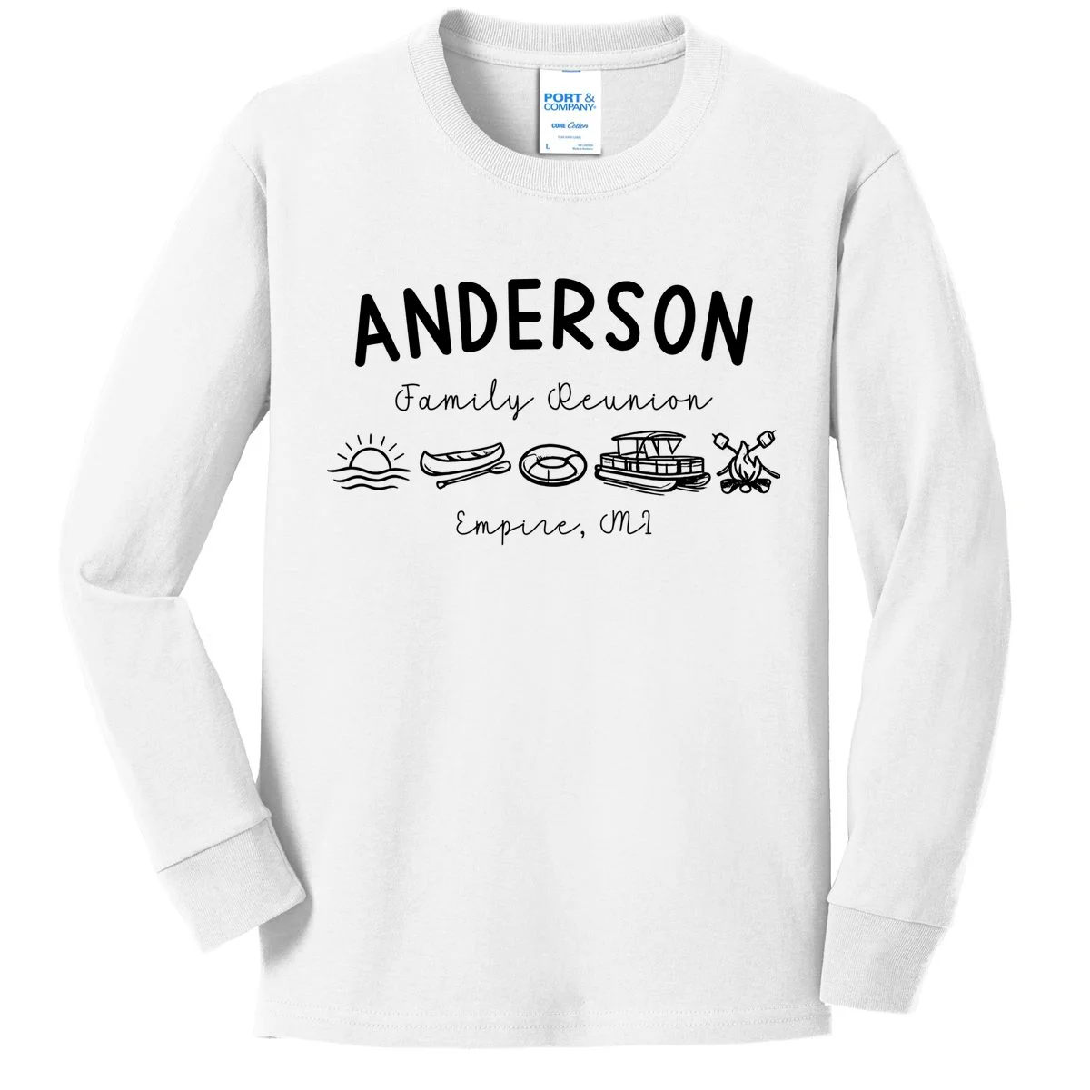 Family Reunion Personalized Camping Last Name and Location Kids Long Sleeve Shirt - Front