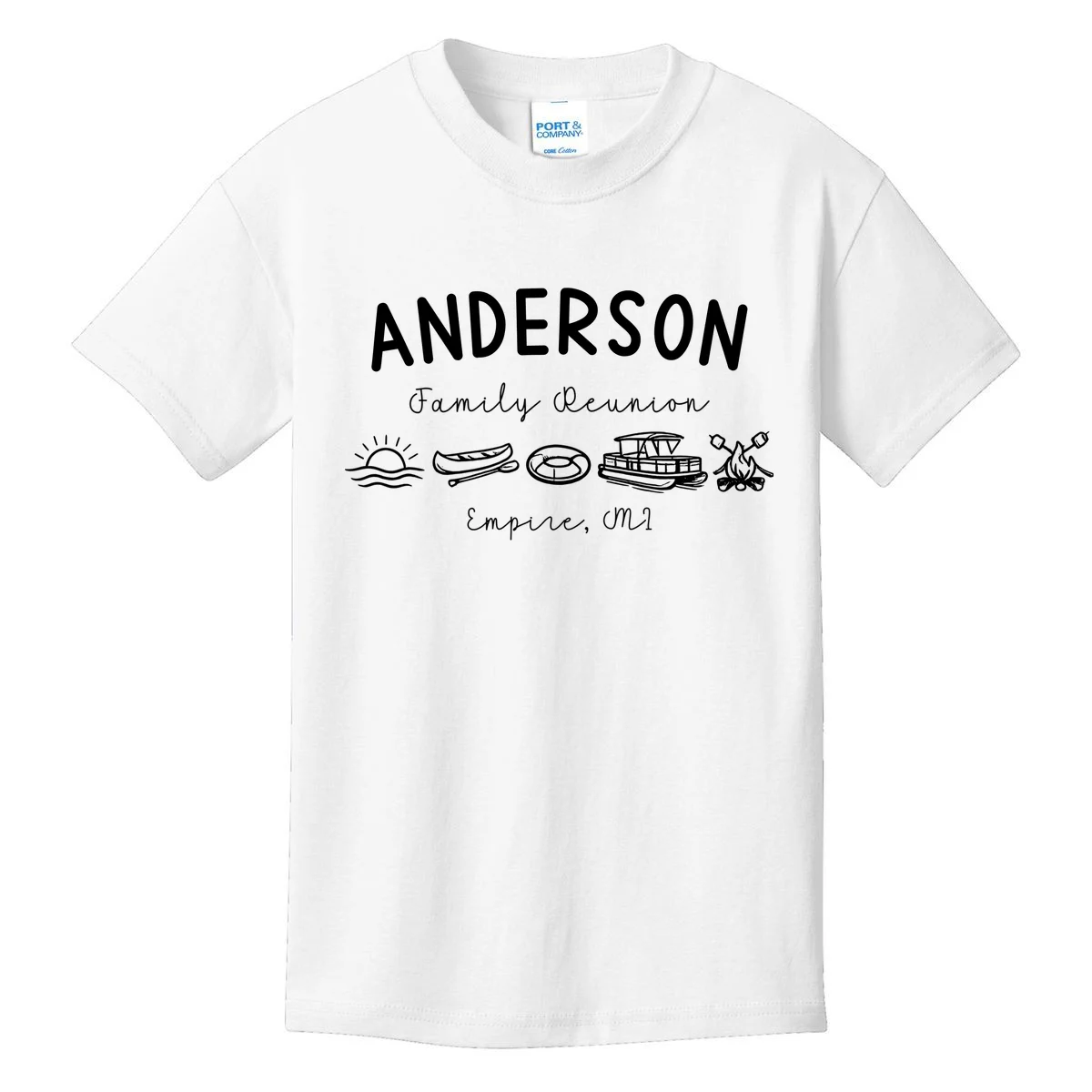 Family Reunion Personalized Camping Last Name and Location Kids T-Shirt - Front