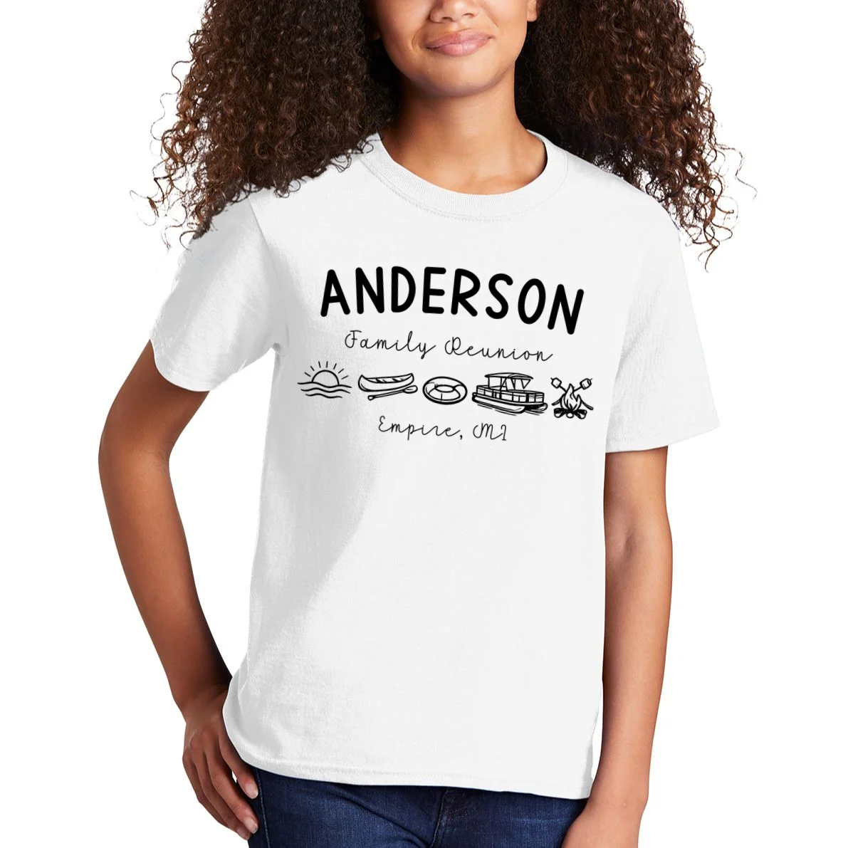 Family Reunion Personalized Camping Last Name and Location Kids T-Shirt - Front 1