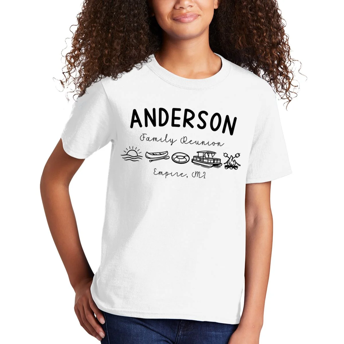 Family Reunion Personalized Camping Last Name and Location Kids T-Shirt - Front 1