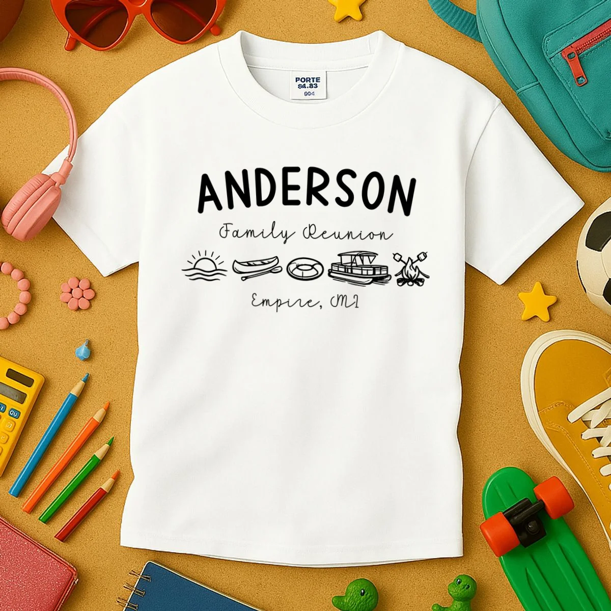 Family Reunion Personalized Camping Last Name and Location Kids T-Shirt - Front 2