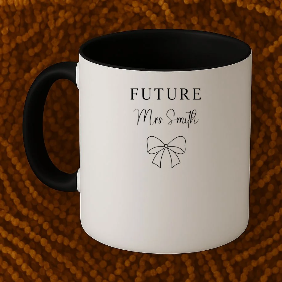 Future Mrs Custom Name Bow Wedding Coffee Mug - Front 1