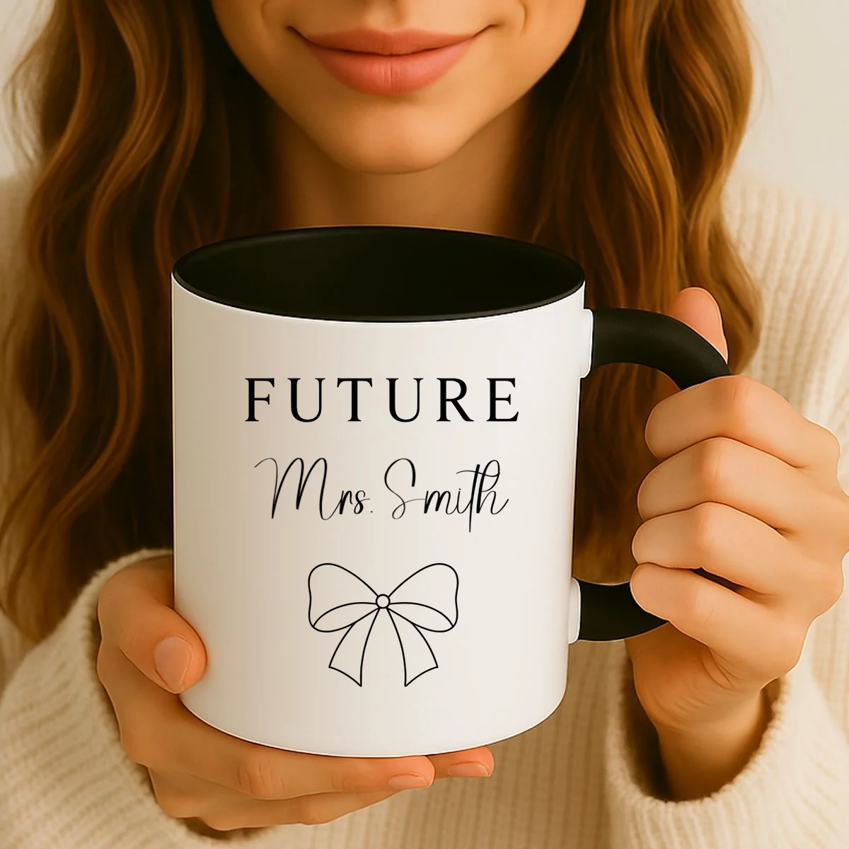 Future Mrs Custom Name Bow Wedding Coffee Mug - Front 2