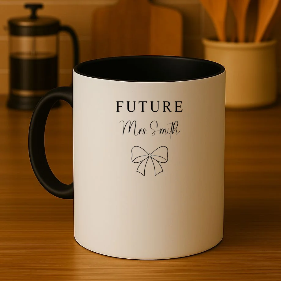 Future Mrs Custom Name Bow Wedding Coffee Mug - Front 3