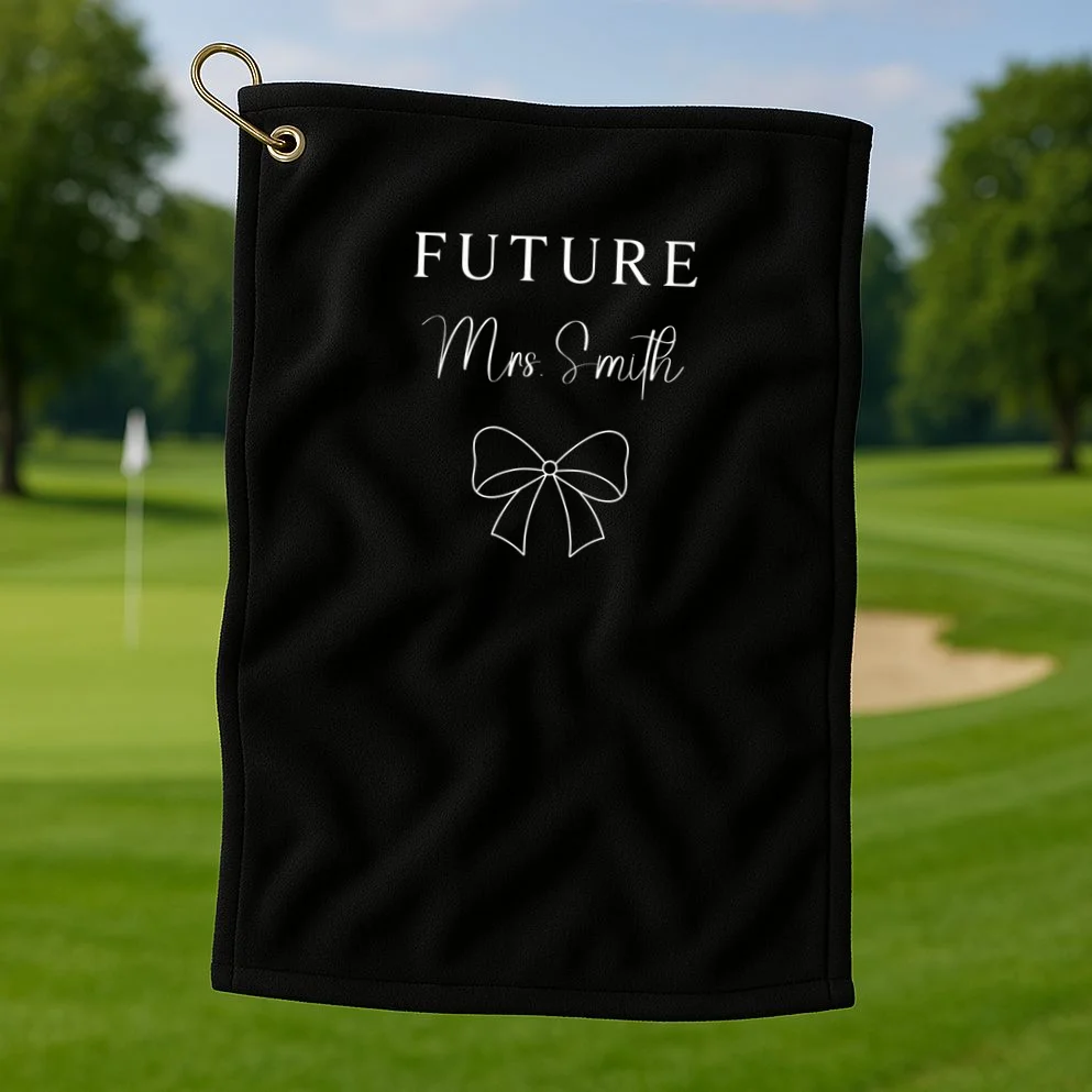 Future Mrs Custom Name Bow Wedding Golf Towel - Front 1