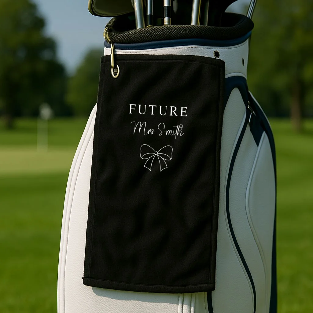 Future Mrs Custom Name Bow Wedding Golf Towel - Front 2