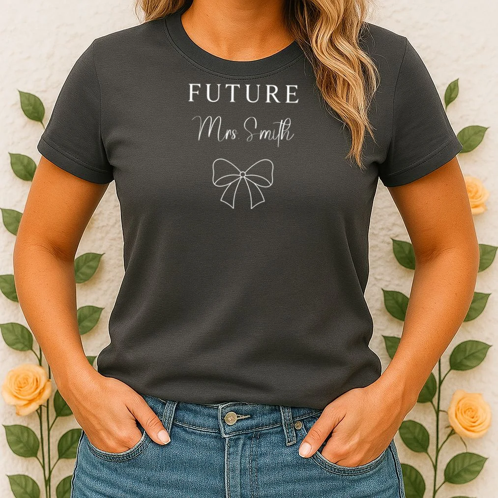 Future Mrs Custom Name Bow Wedding Women's T-Shirt - Front 1