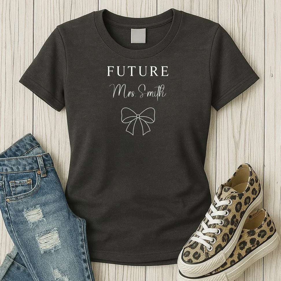 Future Mrs Custom Name Bow Wedding Women's T-Shirt - Front 2