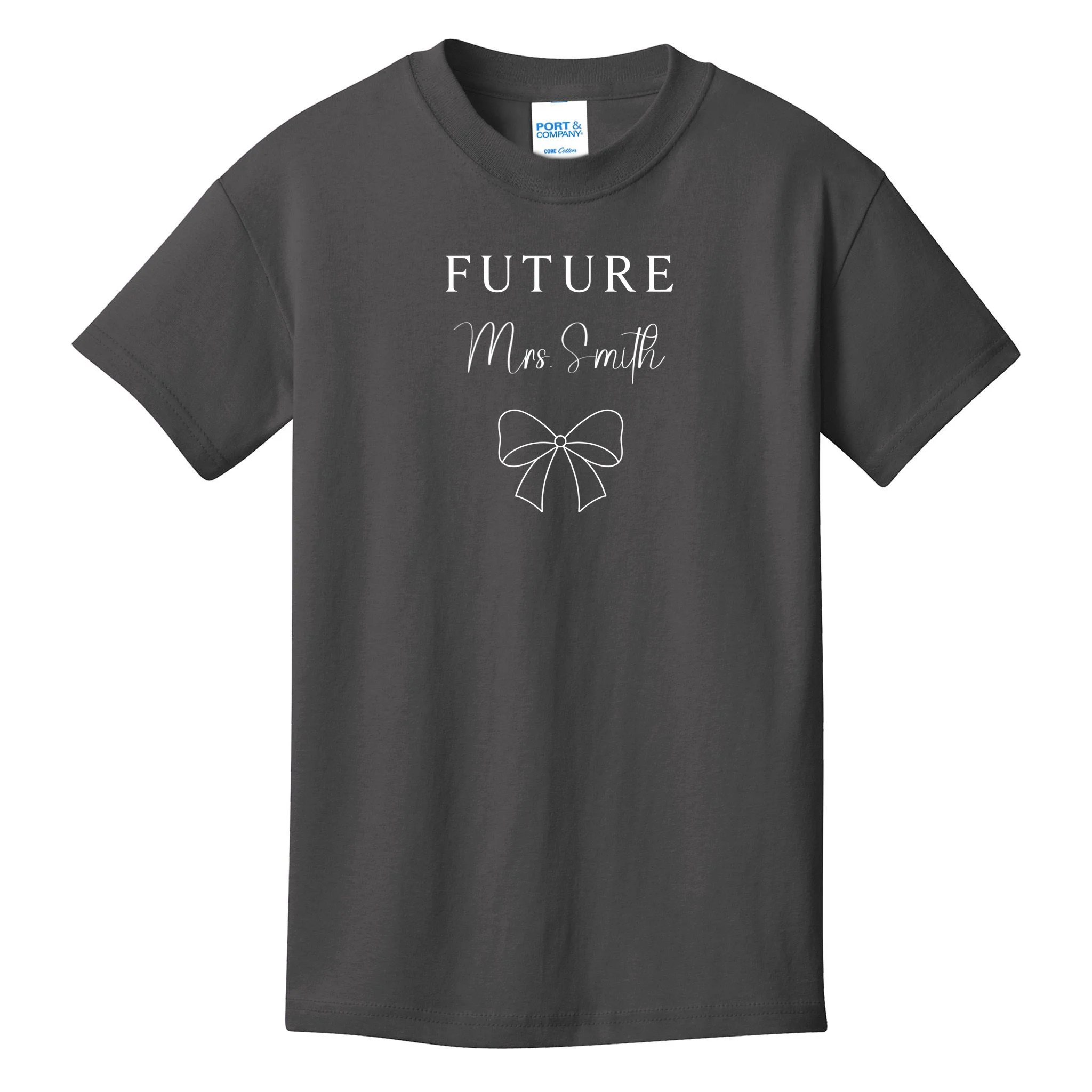 Future Mrs Custom Name Bow Wedding Kids T-Shirt - Front