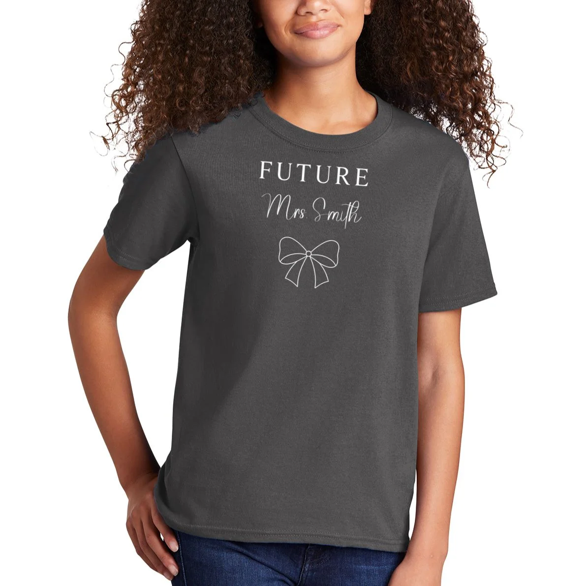 Future Mrs Custom Name Bow Wedding Kids T-Shirt - Front 1