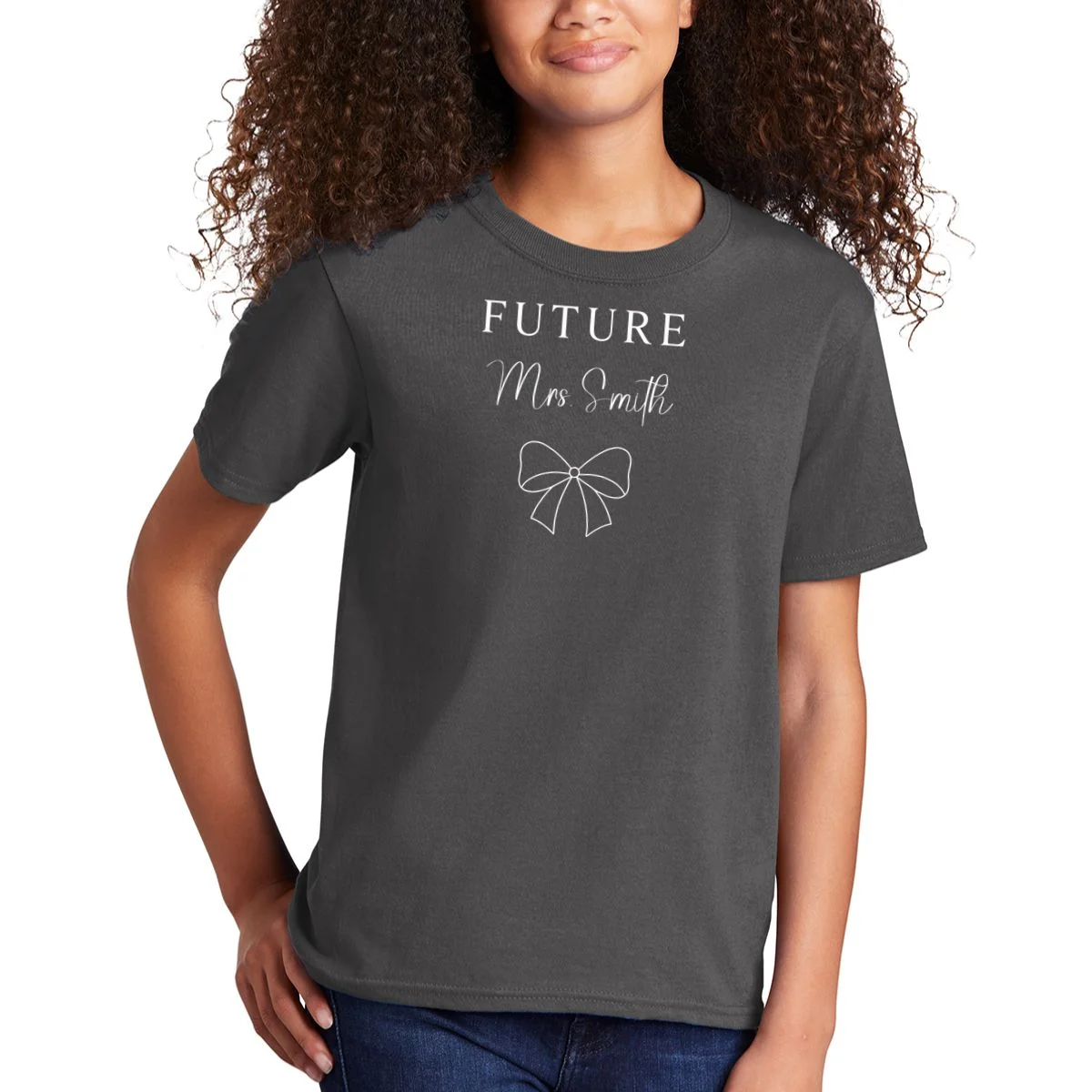 Future Mrs Custom Name Bow Wedding Kids T-Shirt - Front 1