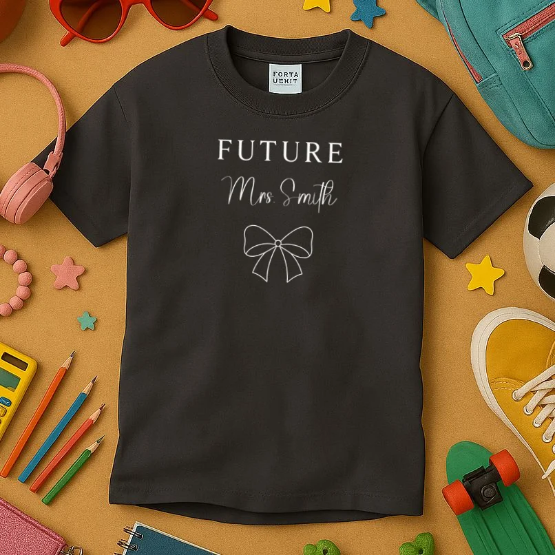 Future Mrs Custom Name Bow Wedding Kids T-Shirt - Front 2