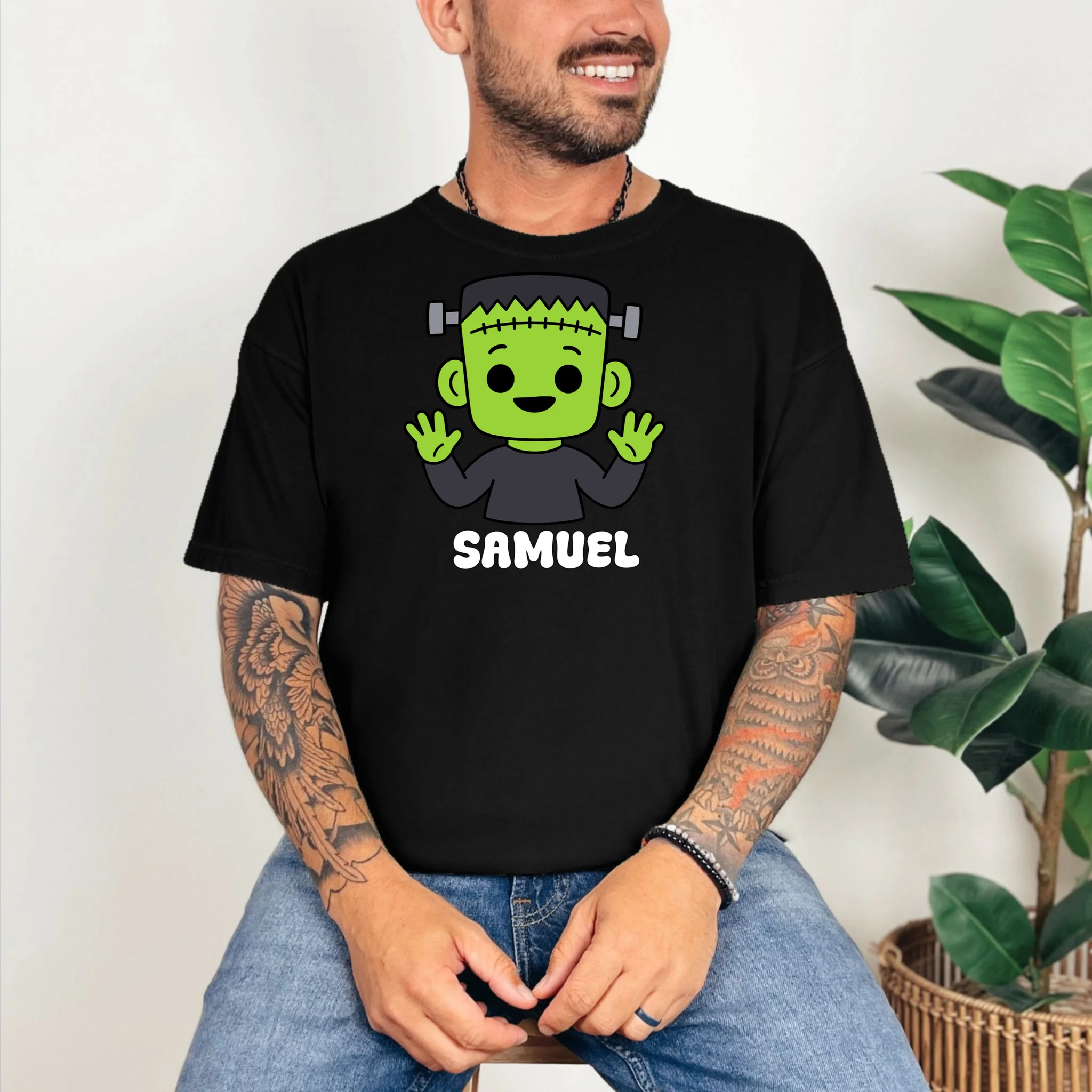Frankenstein Name Personalized Halloween Gift - Monster Character Design Comfort Colors Unisex T-Shirt - Front 2