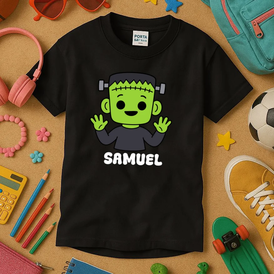 Frankenstein Name Personalized Halloween Gift - Monster Character Design Kids T-Shirt - Front 2