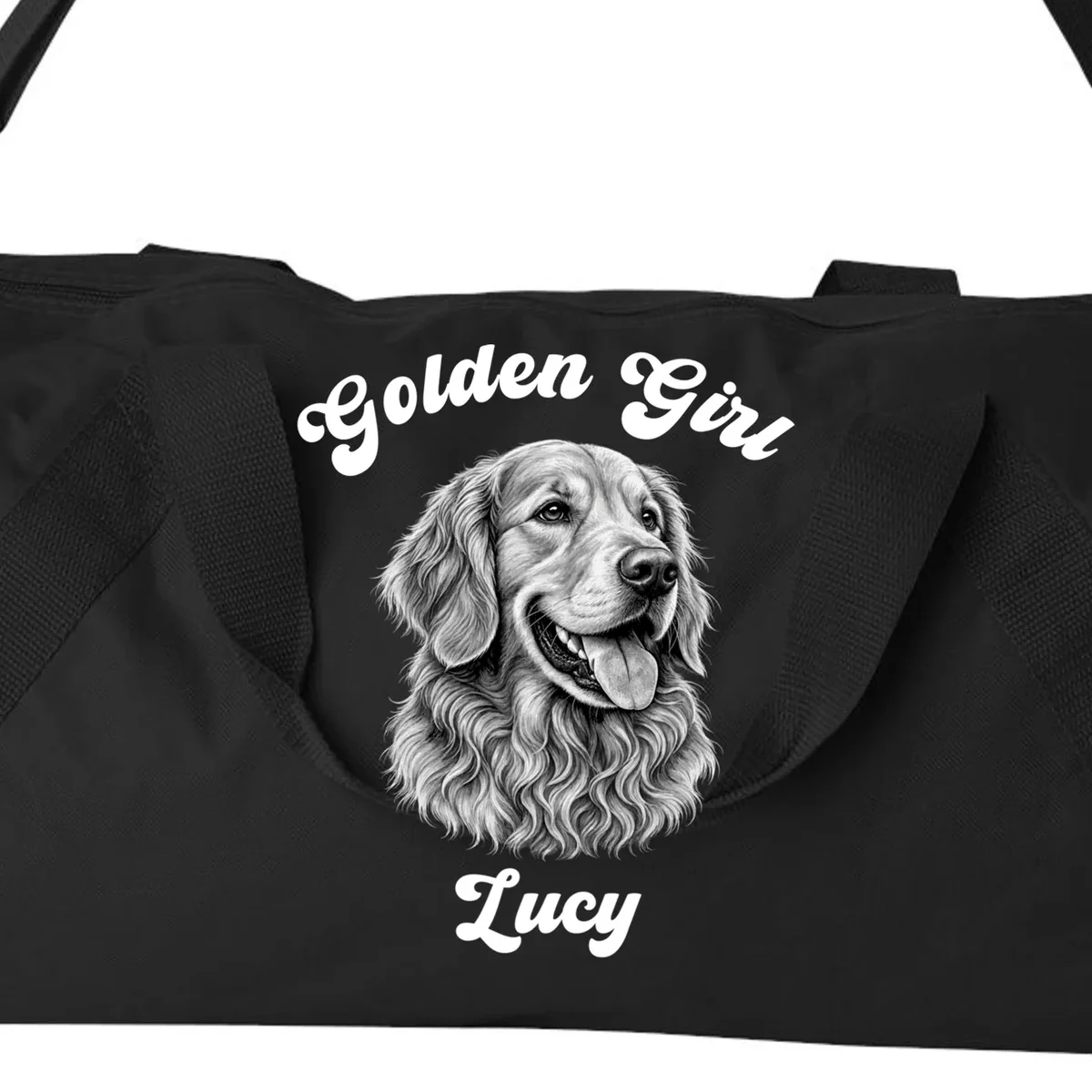 Golden Retriever Golden Boy Golden Girl Personalized Pet Name Duffel Bag - Front - Close-up