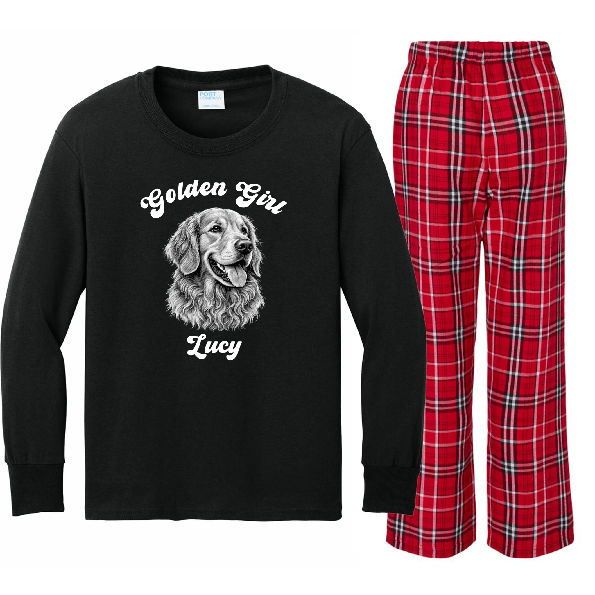 Golden Retriever Golden Boy Golden Girl Personalized Pet Name Kids Long Sleeve Pajamas - Front