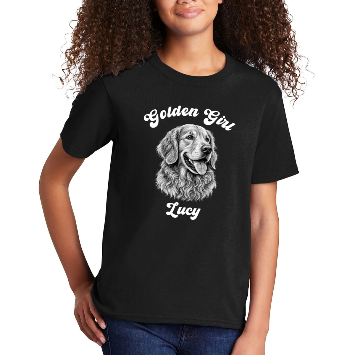 Golden Retriever Golden Boy Golden Girl Personalized Pet Name Kids T-Shirt - Front 1