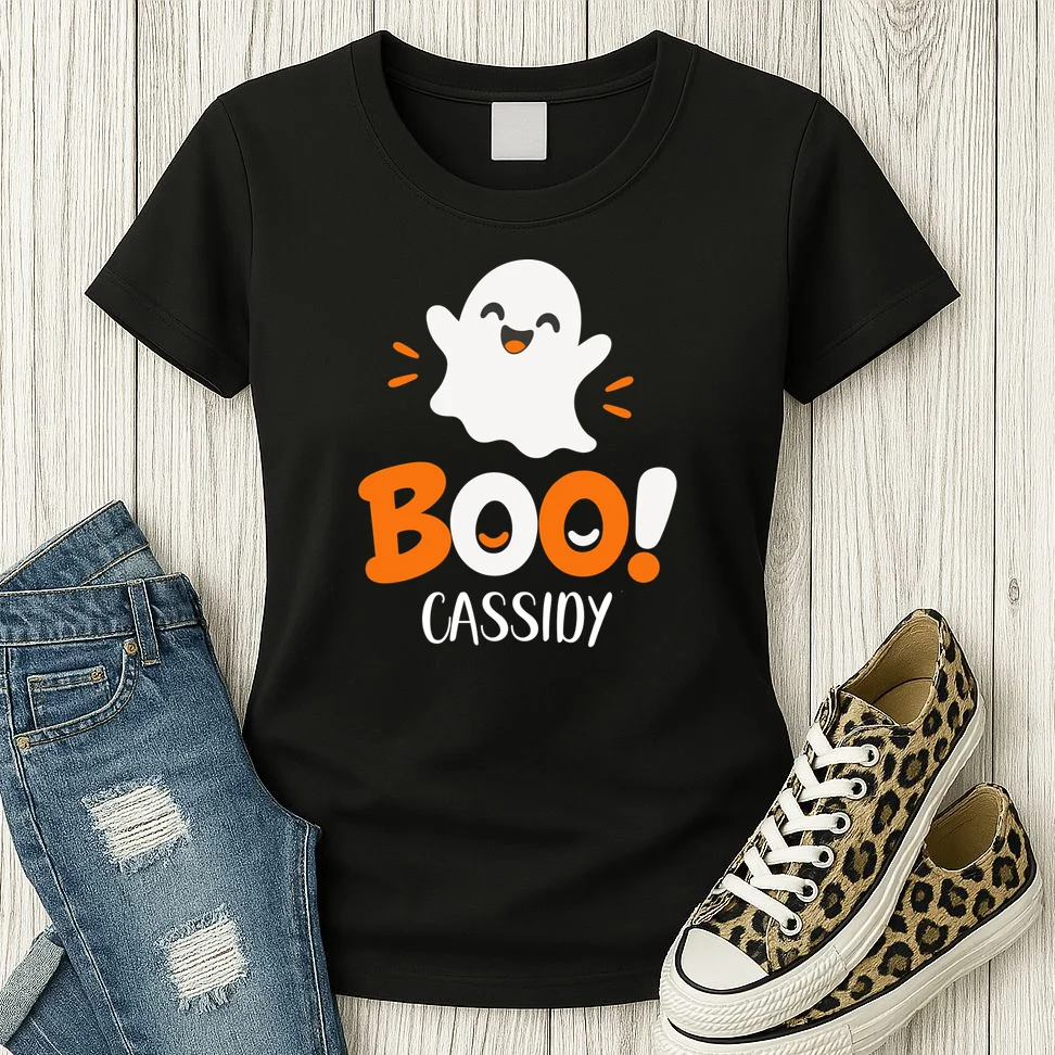 Halloween Boo Name Personalized Custom Gift - Cute Ghost Custom Halloween Design Women's T-Shirt - Front 2