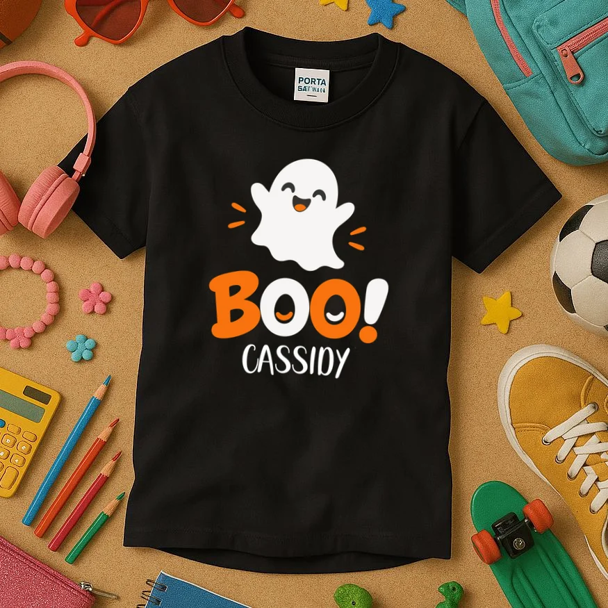 Halloween Boo Name Personalized Custom Gift - Cute Ghost Custom Halloween Design Kids T-Shirt - Front 2